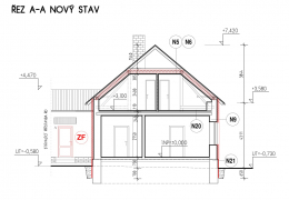 Řez budovou včetně navržených úprav (červeně)