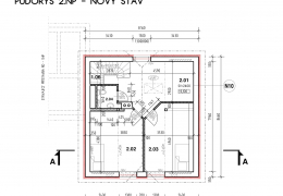 Půdorys podkroví včetně navržených úprav (červeně)